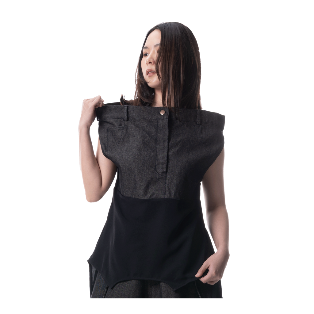DENIM DRAPE TOP - BLACK