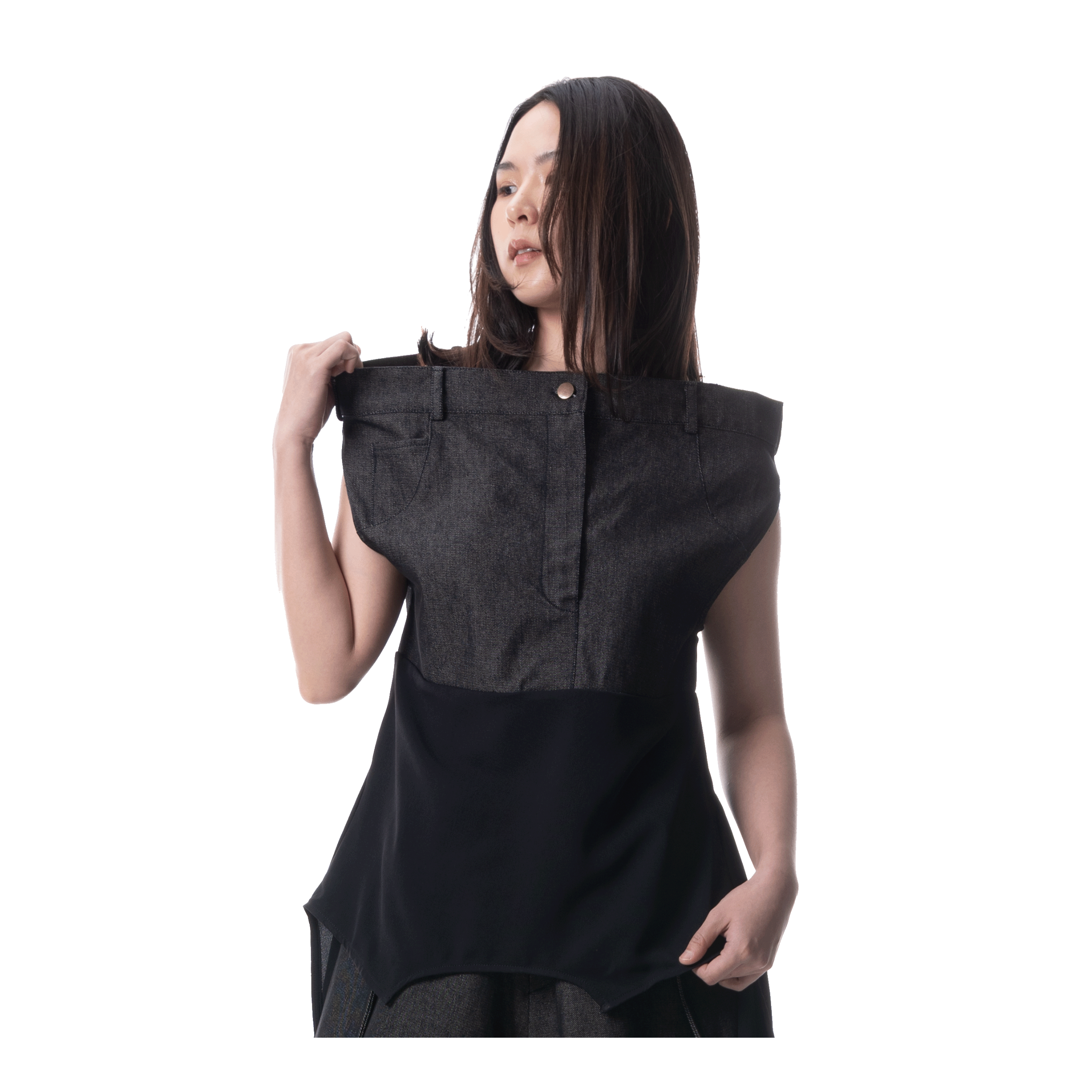 DENIM DRAPE TOP - BLACK