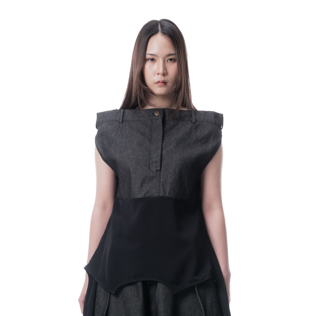DENIM DRAPE TOP - BLACK