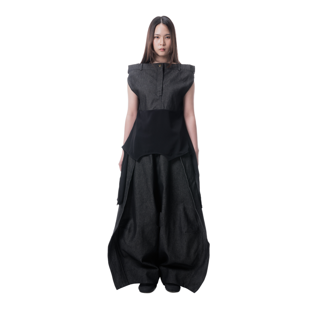 DENIM DRAPE TOP - BLACK