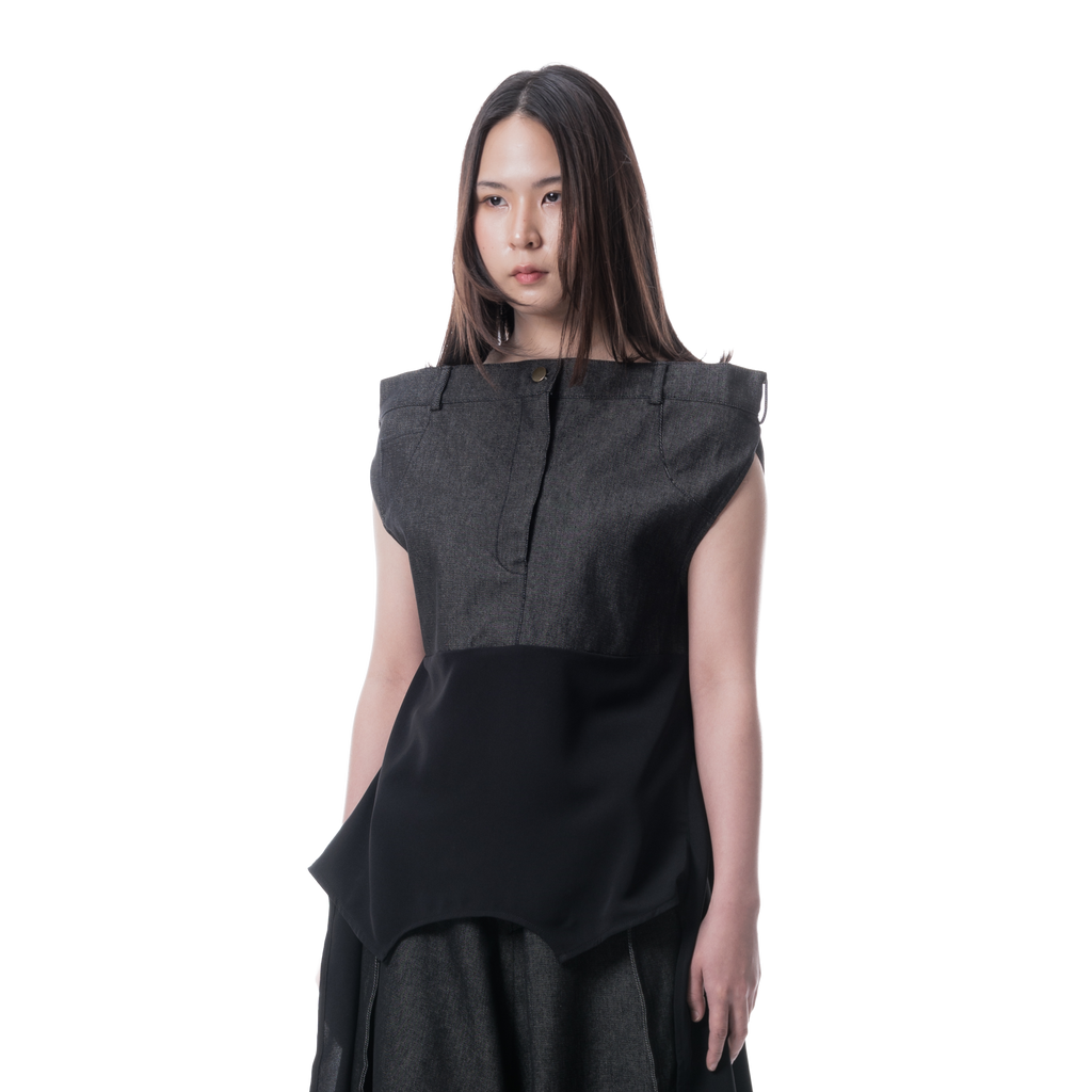DENIM DRAPE TOP - BLACK