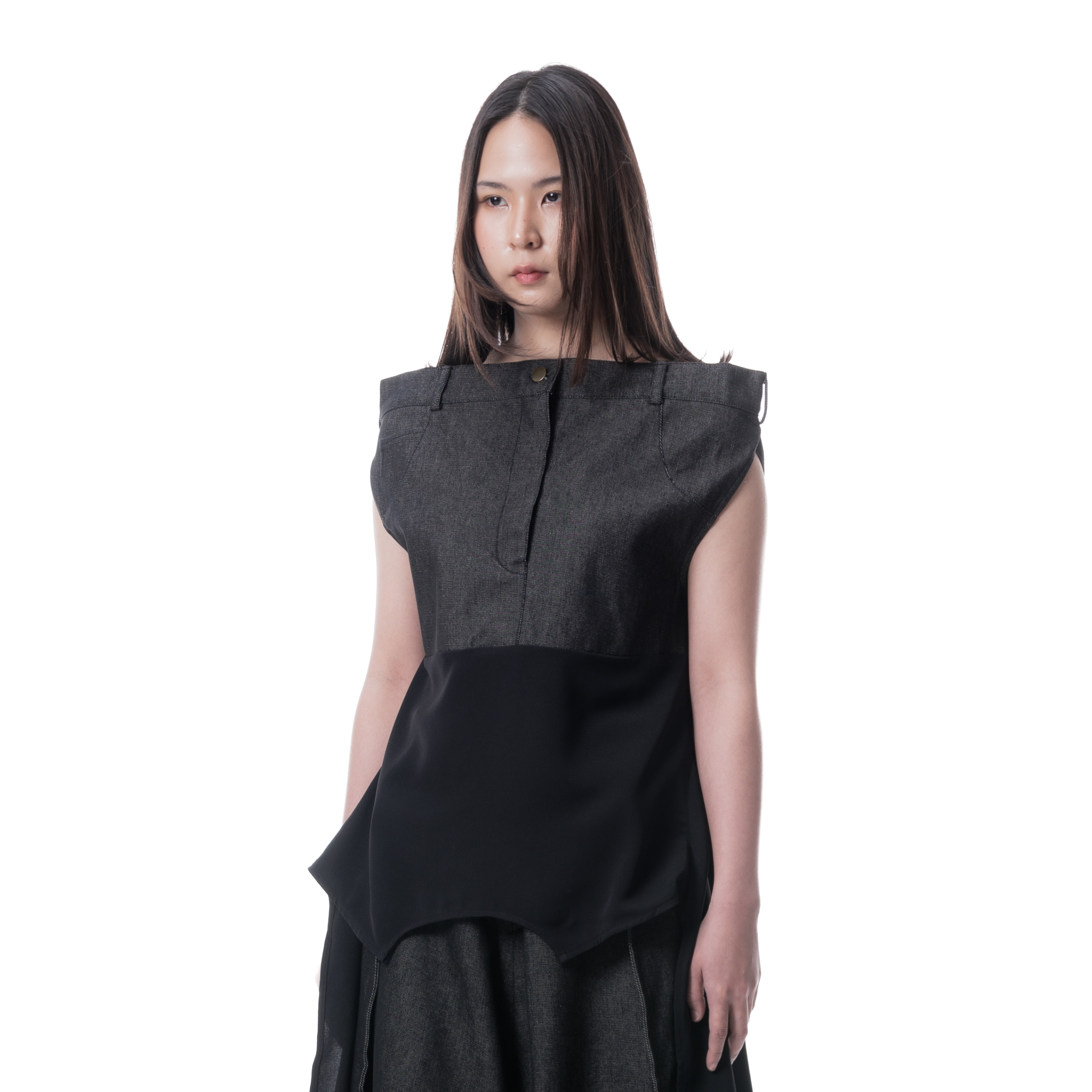 DENIM DRAPE TOP - BLACK