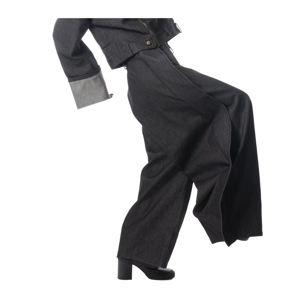 DENIM FOLD PANTS - BLACK
