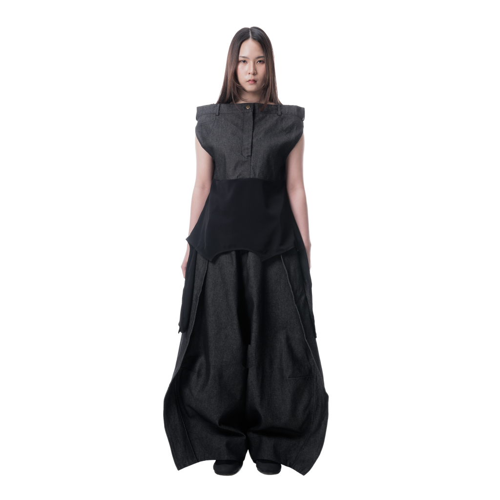DENIM FOLD PANTS - BLACK